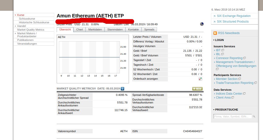 Ethereum an der Schweizer Börse kaufen: Amun Ethereum (AETH) ETP