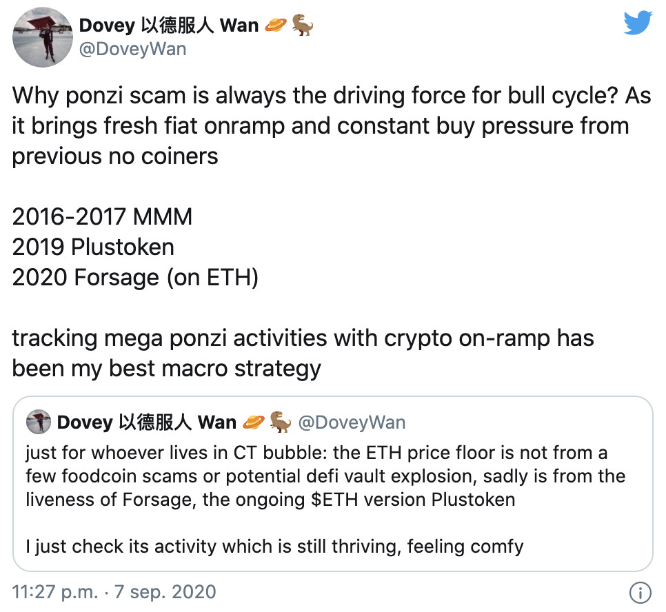 Laut dem chinesischen Krypto-Beobachter Dovey Wan gibt es ein neues Ponzi-Schema namens Foresage, das auf Ethereum aufbaut