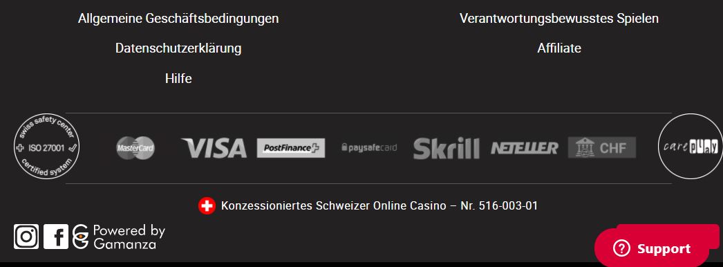 Jedes Schweizer Online Casino enthält Informationen zur Sicherheit und Lizenz im unteren Bereich der Webseite