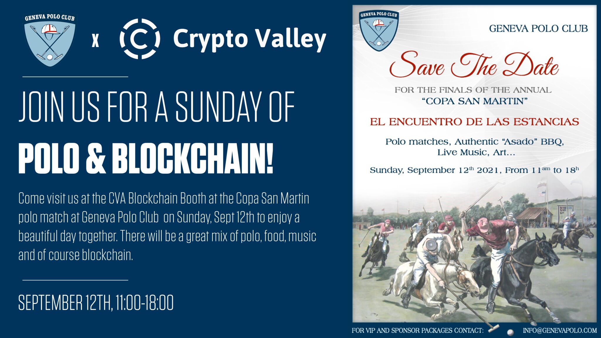 What are your plans for Sunday, September 12th?! We'll be at the GenevaPoloClub enjoying a day filled with polo matches, good food, music and great conversations about crypto & blockchain at CVA Blockchain Booth. Come and join us and let's enjoy a beautiful day outside together! Our team will be at the CVA Blockchain Booth where you can learn more about crypto & blockchain or just simply meet some amazing people :) Jérôme Bailly Sheraz Ahmed Christoph J Ebell Yann Gerardi