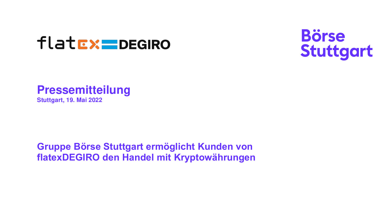 Gruppe Börse Stuttgart ermöglicht Kunden von flatexDEGIRO den Handel mit Kryptowährungen