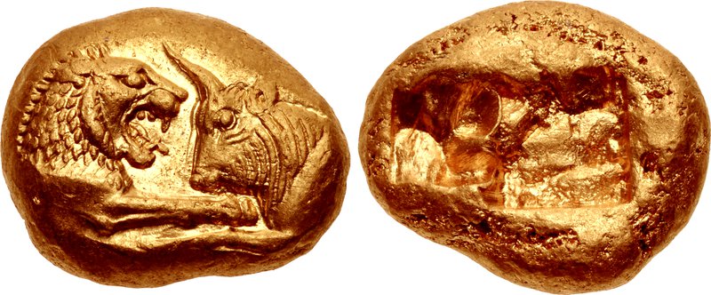 Kroisos, ist das die erste Goldmünze der Welt? Gefunden in der Türkei. Datiert wird dieser Fund auf circa 550 vor Christus. Foto CC 3.0 by CNG Coins, Wikipedia