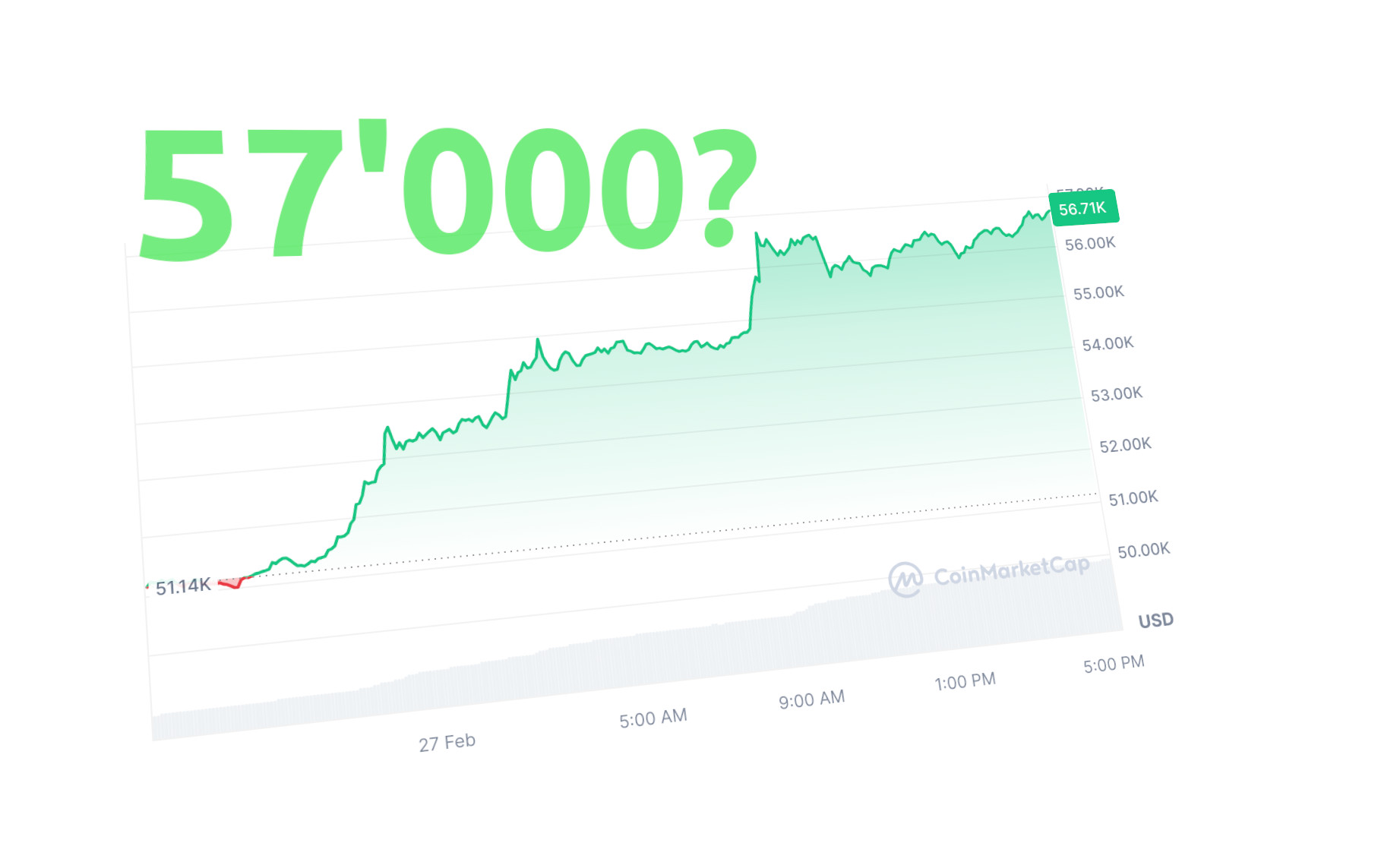 Auf einigen Bitcoin-Börsen überschritt der Bitcoin-Preis heute die Marke von 57'000 US-Dollar.